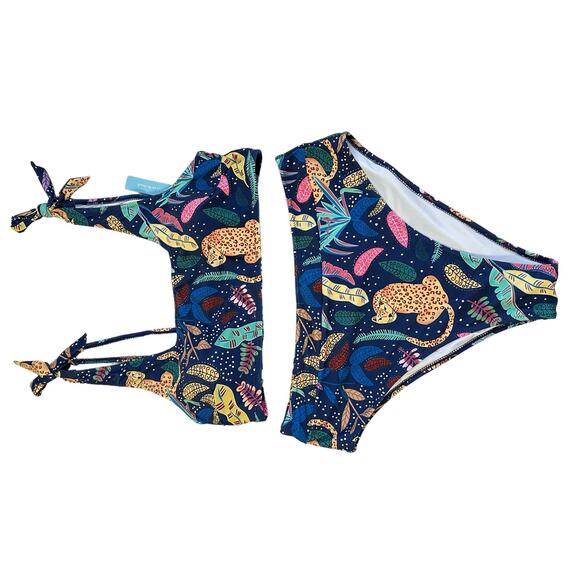 NWT Cheetah Print Mutilcolor Safari Two Piece High Waist Boho Bikini Size Large - Picture 6 of 11